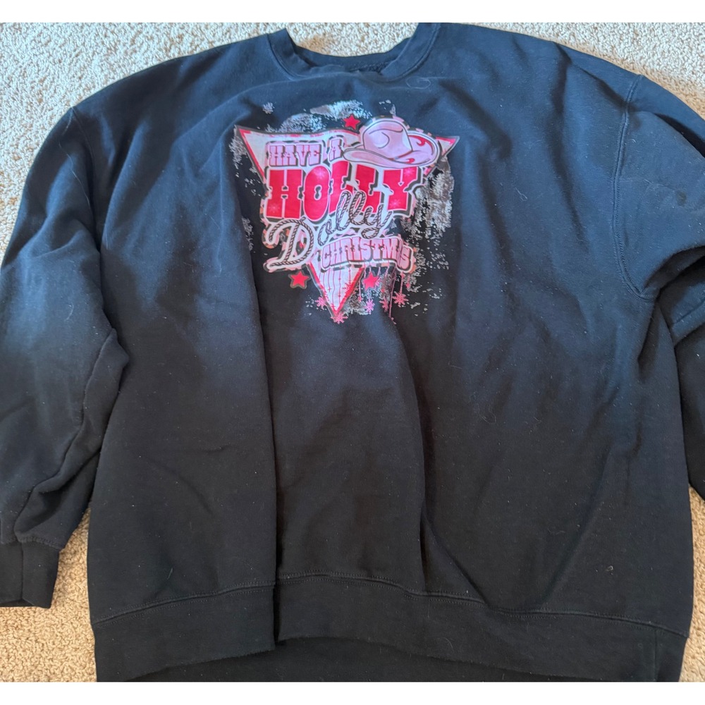 Gildan Have a Holly Dolly Christmas Sweatshirt Black Pink Western Graphic 2XL